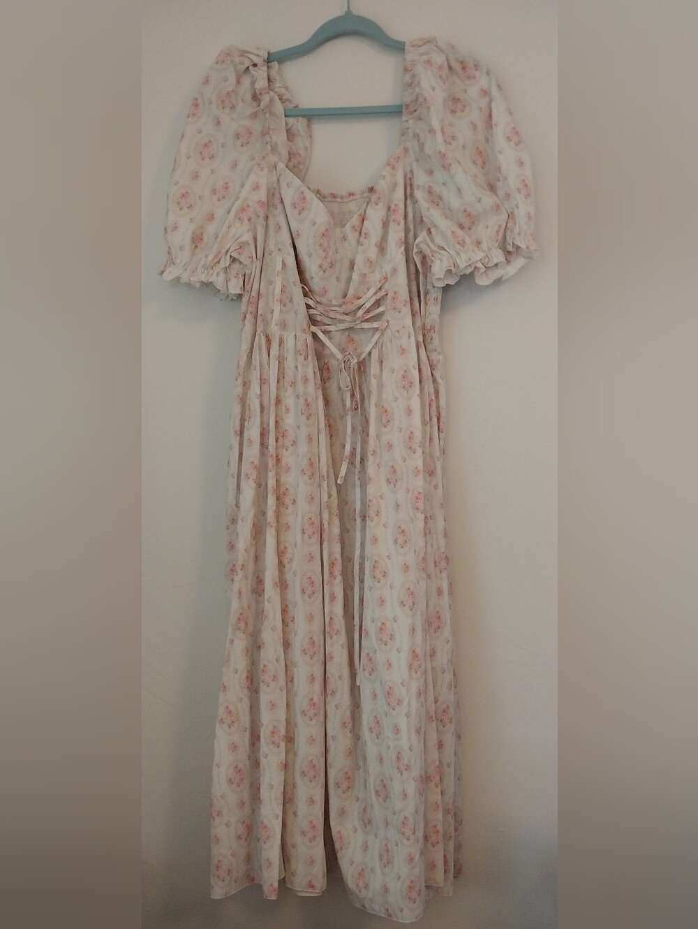 Cider Plus 3X Cream Pink Floral Milkmaid Midi Dress Lace-Up Slit - NWOT